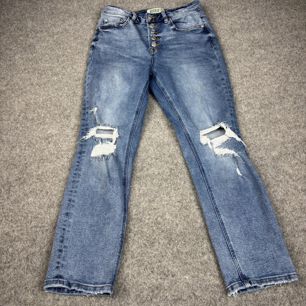 Rockin‎ C Jeans Women's 27 Button Fly Straight Leg Medium Wash Distressed Blue
